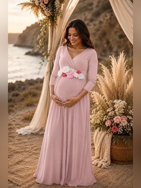 🌸 KIM S Maternity Maxi Dress-Flower Sash-Wrapped Ruched VNeck-Baby Shower Dress